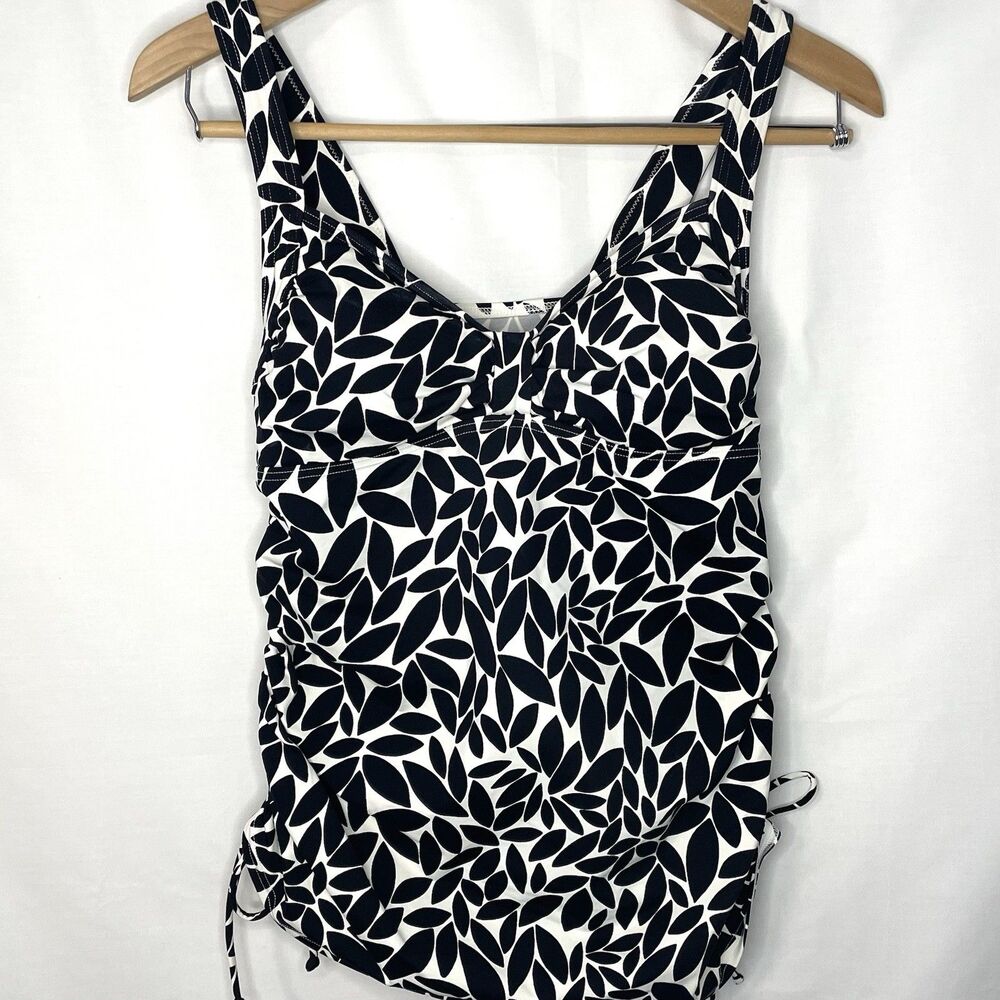 Lands End Women's Swim Tankini Top Black White‎ Print Padded Ruched Sides Size 8